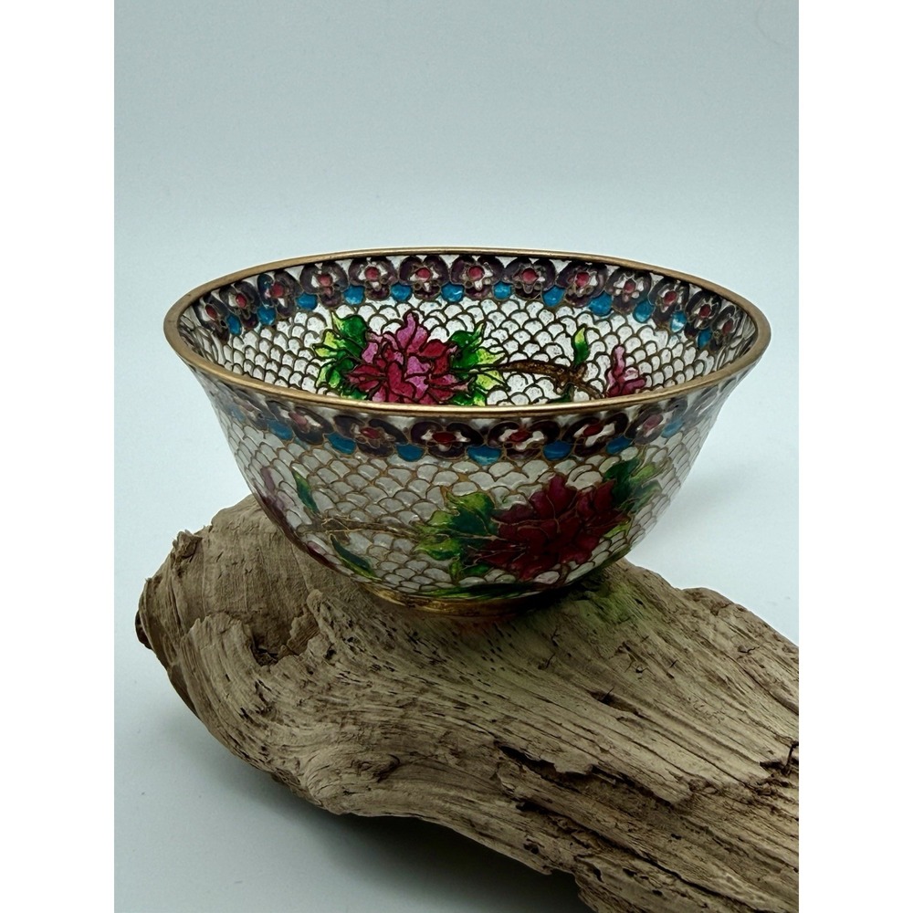 Vintage Chinese Plique-A-Jour stained glass trinket bowl floral pattern